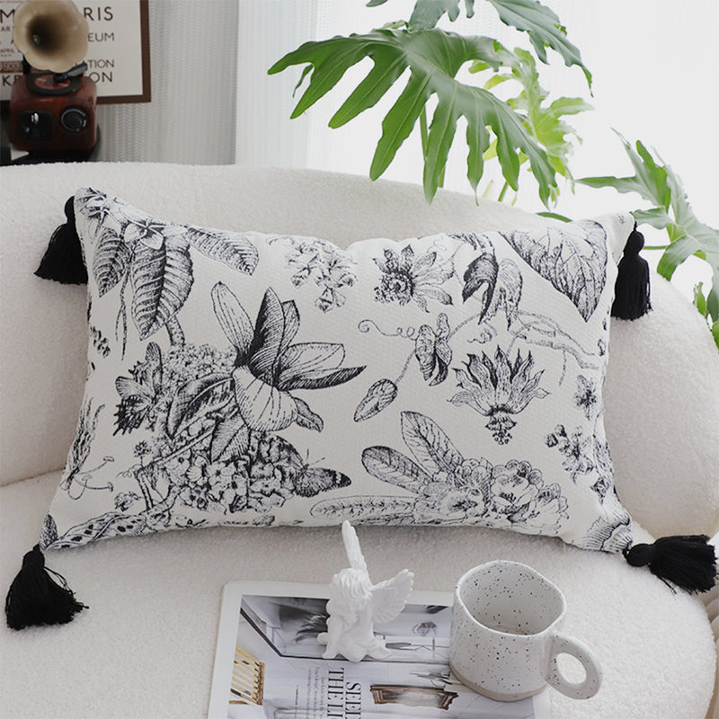 2X 35cm Throw Pillow Black White Floral Print Tassel Accents Polyester Home Decor