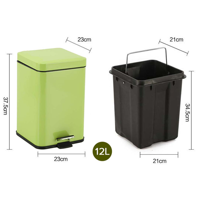 Stainless Steel Pedal Trash Bin 12L Square Green Hands-Free Soft-Close Lid