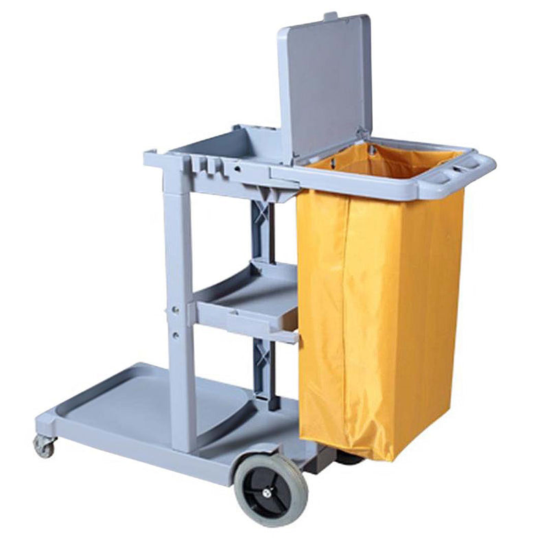 2X 3 Tier Janitor Cleaning Cart with Shelves Waterproof Bag and Lid Gray Yellow