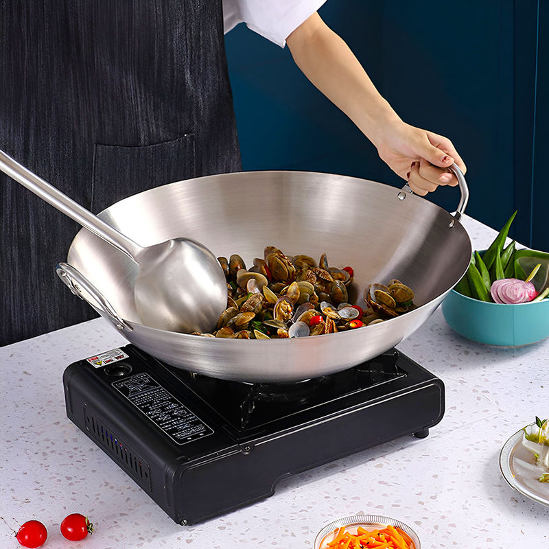 Stainless Steel Wok 43cm With Wood Handles Perfect For Home And Commercial Use