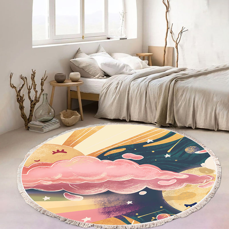120cm Round Tassels Area Rug Polyester Multicolor Sky Landscape Clouds Non Slip