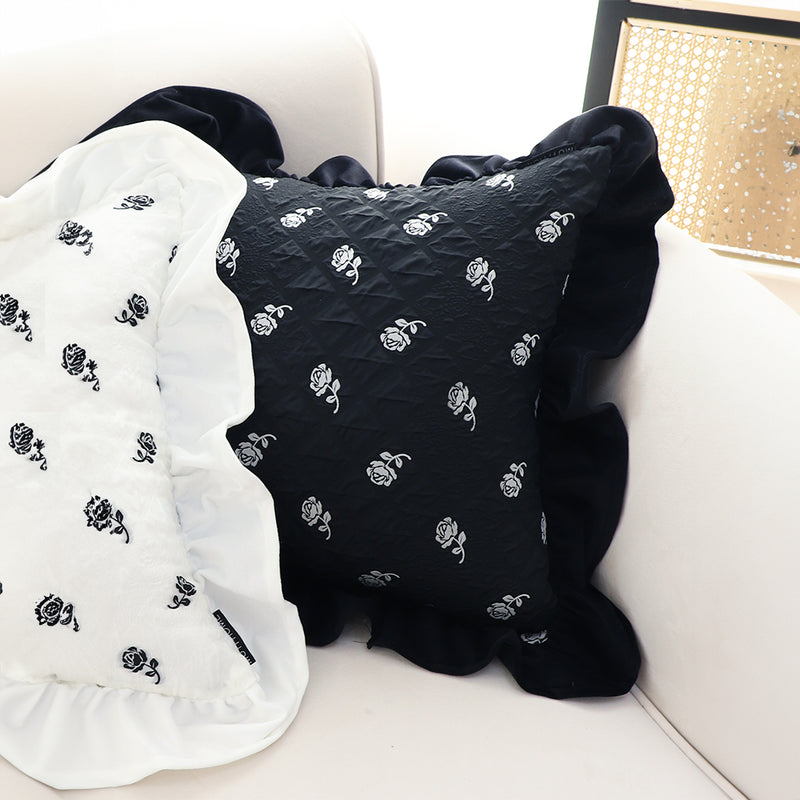 2X 45cm Black Ruffled Square Decorative Pillow Polyester for Sofa Bed Chair
