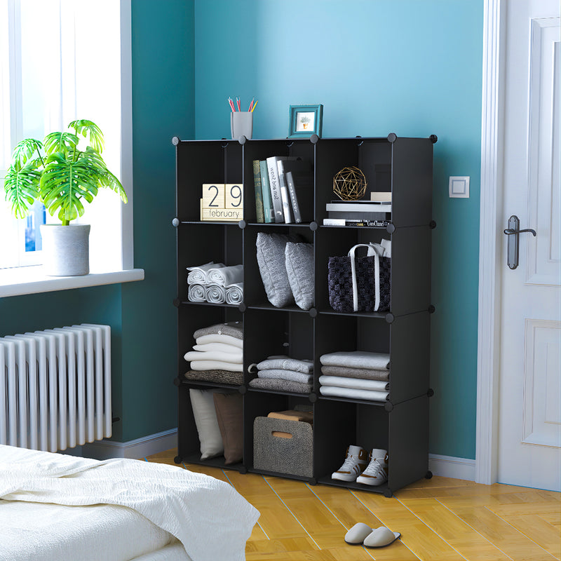 4 Tier 12 Cube Portable Wardrobe Plastic Iron Wire Modular Black 110x37x146cm