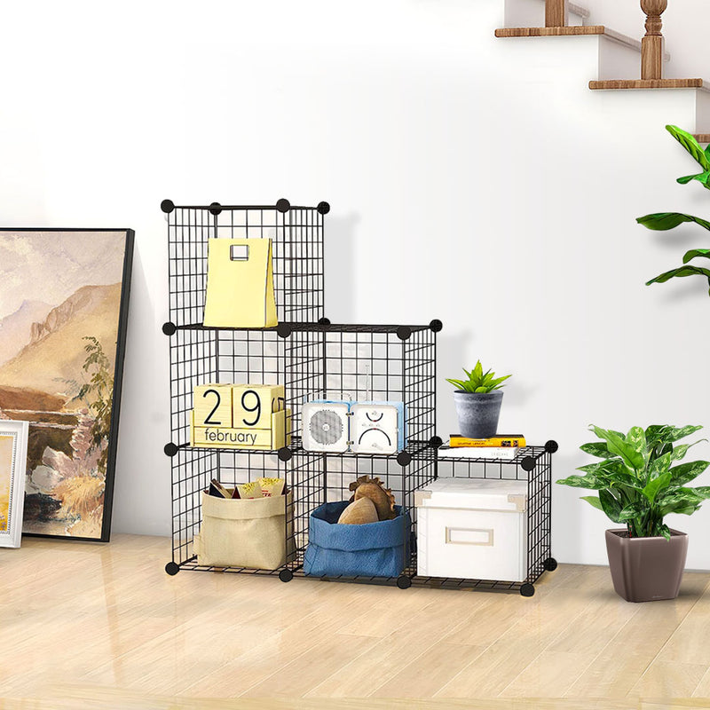 2X Black 6 Cube Portable Modular Wire Mesh Storage Organizer 110x37x110cm