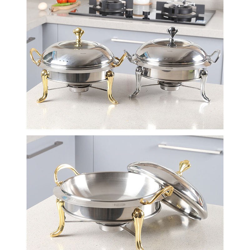 Stainless Steel Round Buffet Chafer Food Warmer Gold Accents Glass Lid 34cm