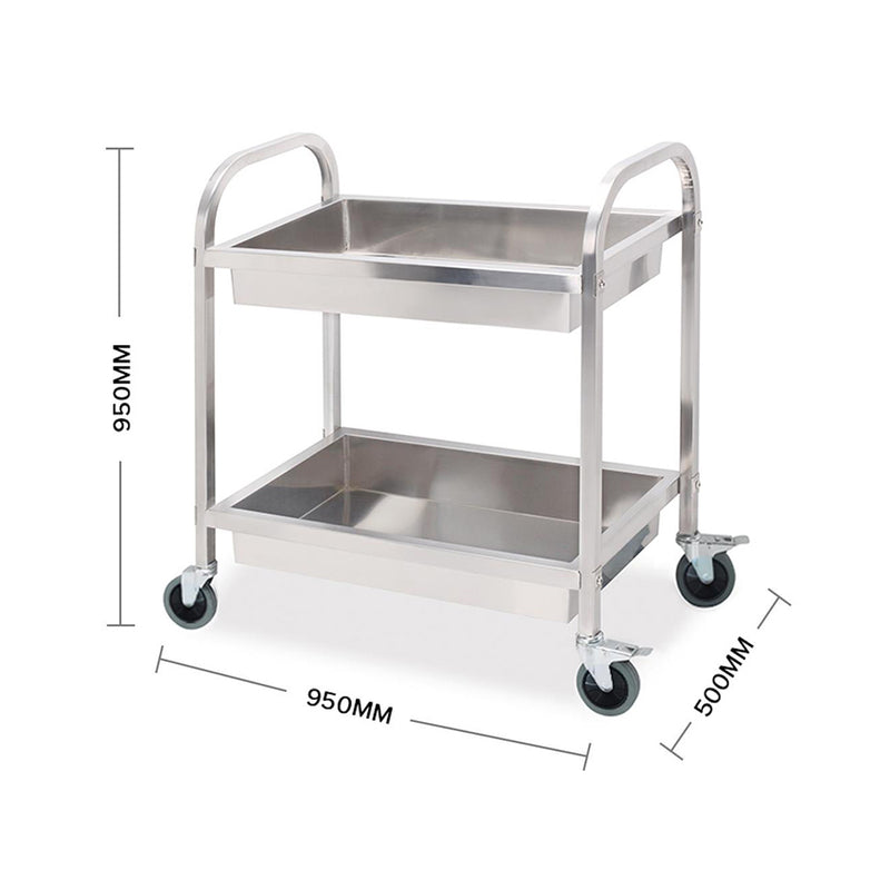 2X Stainless Steel 2 Tier Kitchen Trolley 95x50x95cm Large with Locking Wheels