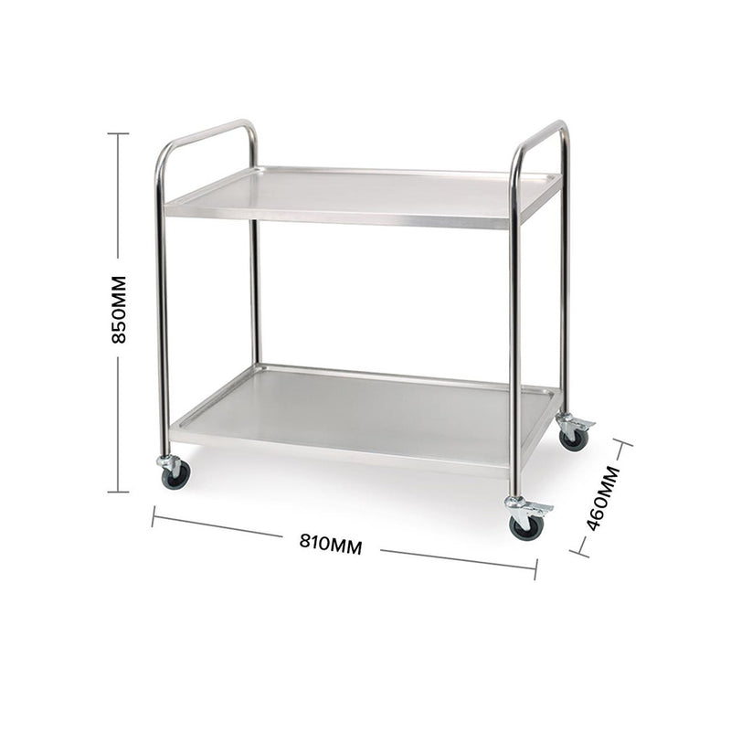 2X 2 Tier Stainless Steel Kitchen Food Cart 81x46x85cm Locking Wheels