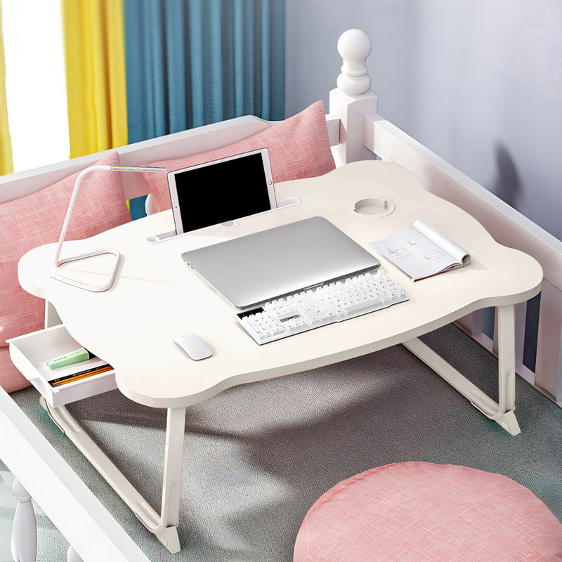 White Portable Bed Desk Adjustable Folding with Drawer and Cup Holder 60x48x28cm