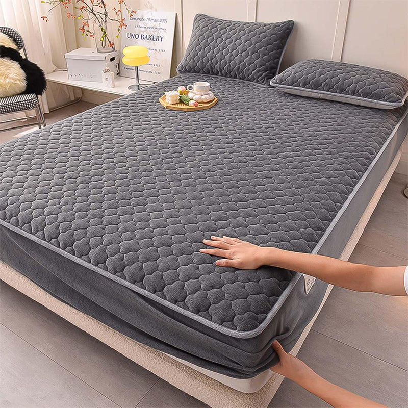 2X Grey 138cm Mattress Cover Quilted Fleece Stretch Protector Pillow Covers