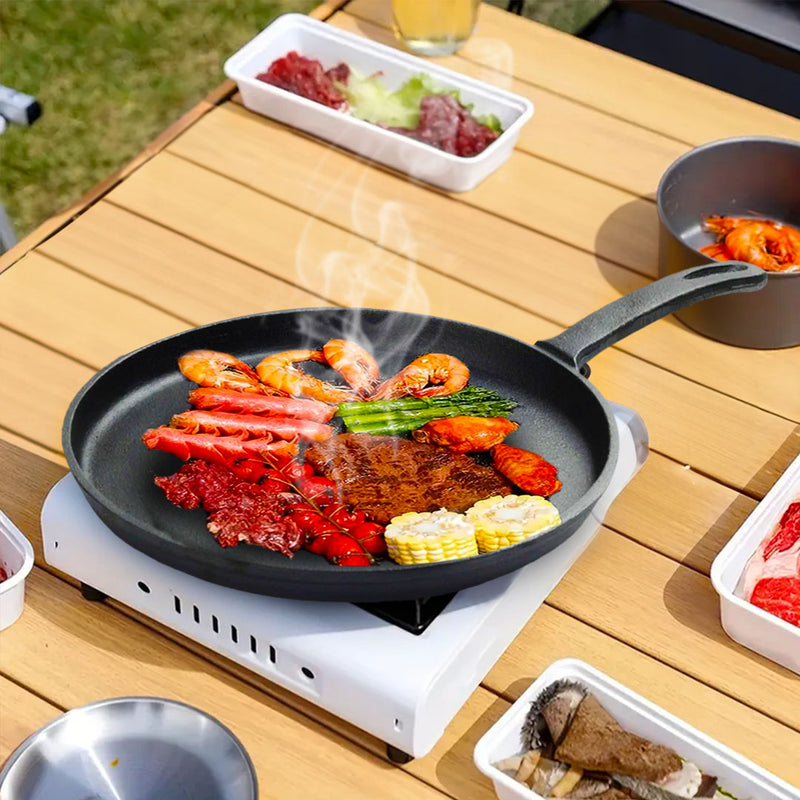 26cm Round Cast Iron Skillet Frying Pan Non-Stick Griddle Black