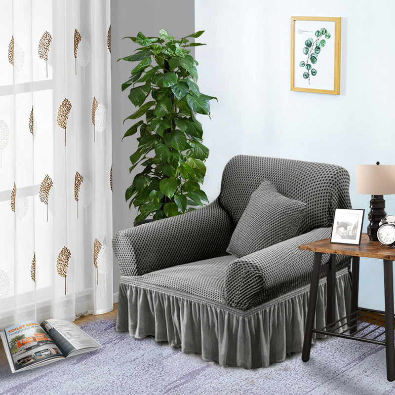 1-Seater Grey Sofa Cover With Ruffled Skirt High Stretch Couch Protector