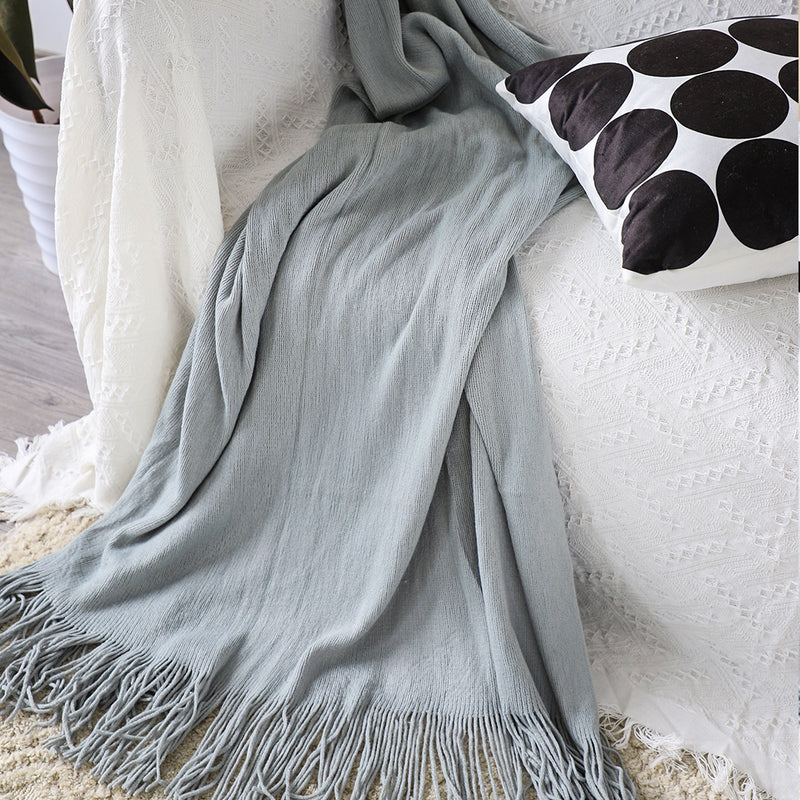 Grey Acrylic Knitted Throw Blanket 130x220cm Fringed Warm Decor Sofa Bed