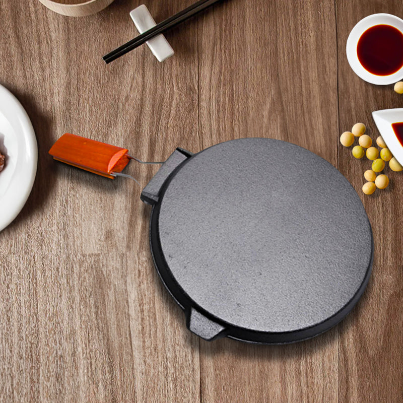 24cm Round Cast Iron Skillet Grill Pan Ribbed Non-Stick With Folding Handle
