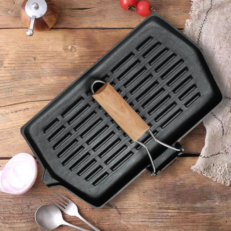 Rectangular Cast Iron Grill Pan 21x35cm Ridged Folding Wood Handle Black