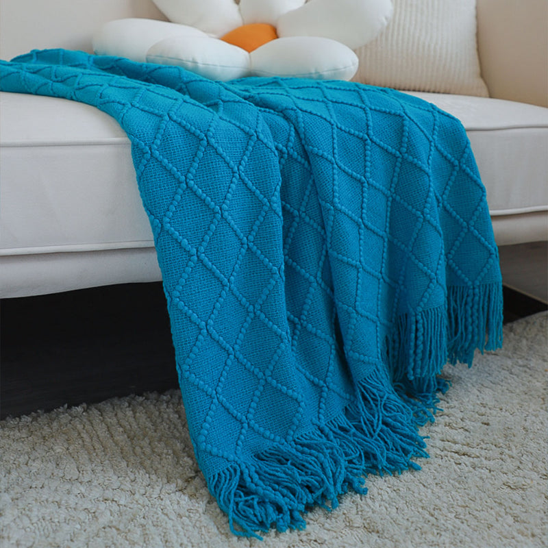 Blue Knitted Throw Blanket 100 Percent Acrylic Diamond Pattern Tassels Home Decor