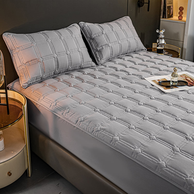 2X Polyester Mattress Protector 203x153x40cm Quilted Grey 4 Pillow Covers