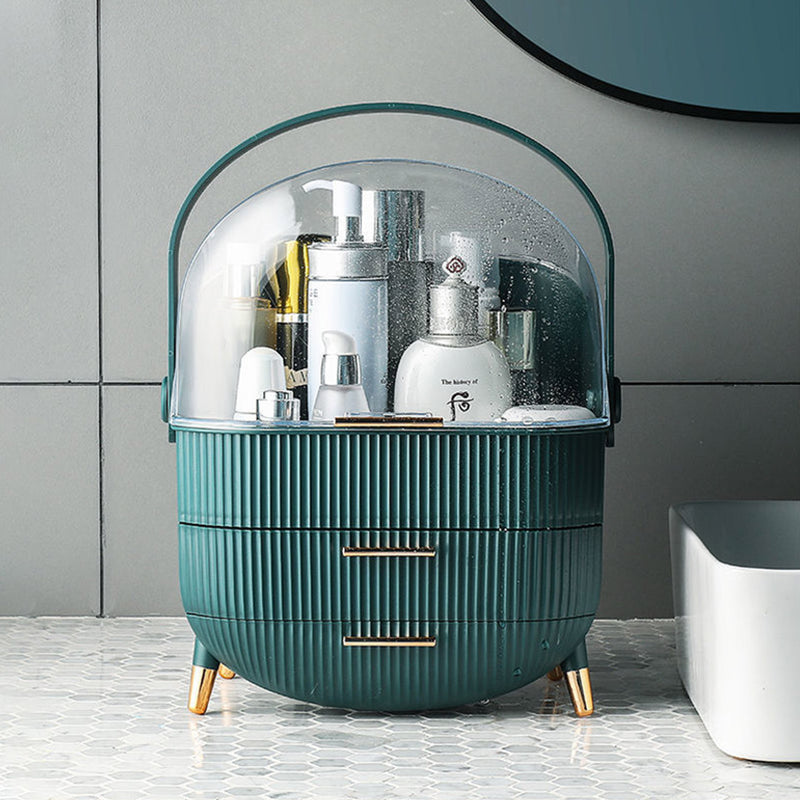 29cm Green Countertop Makeup Storage Box Waterproof Vintage Holder With Handle