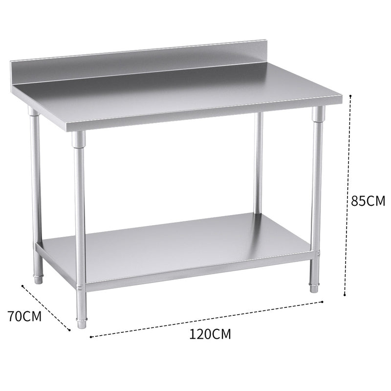 Stainless Steel Kitchen Work Bench Table 120x70x85cm with Backsplash Shelf