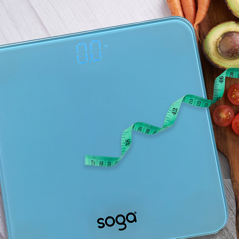Digital Fitness Bathroom Body Scale 180kg Glass LCD Display Blue Waterproof
