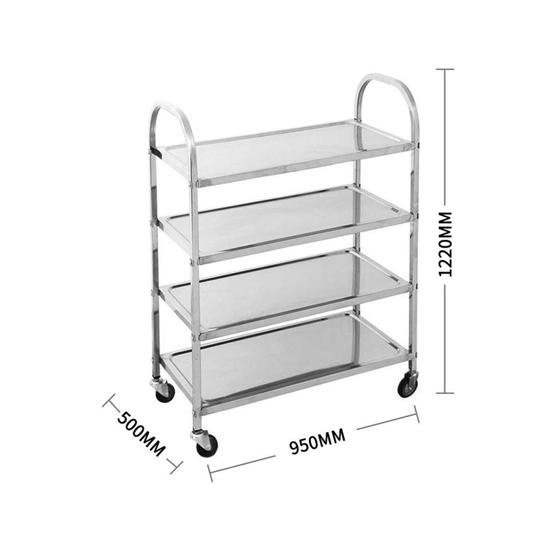 2X 4 Tier Stainless Steel Utility Cart 950x500x1220 2 Inch Tpr Wheels