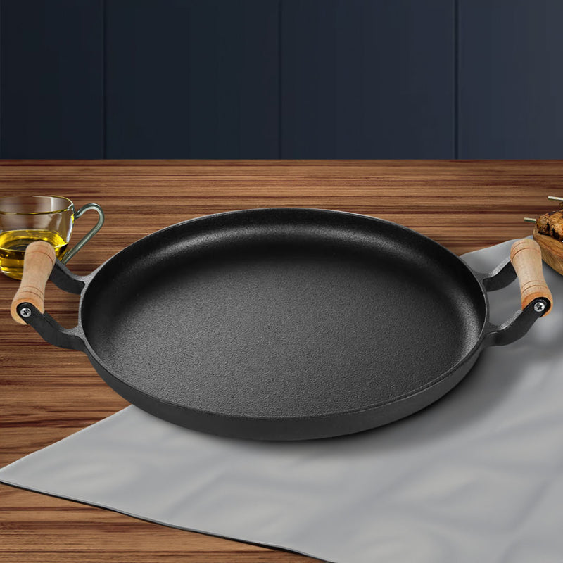 2X 35cm Cast Iron Sizzle Pan Skillet With Wooden Handle Induction Safe