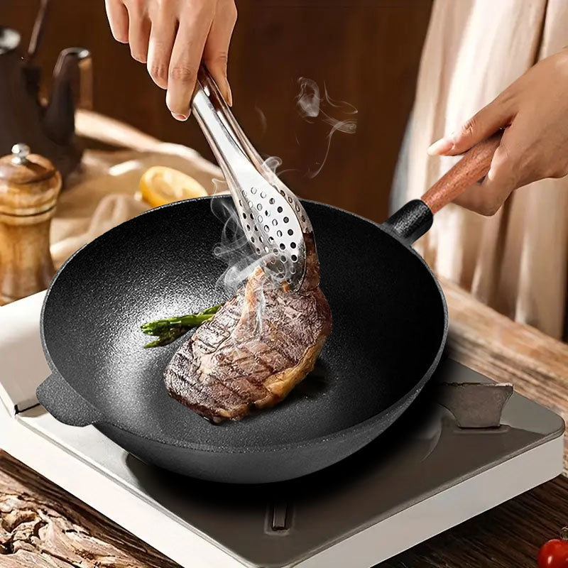 2X 31cm Cast Iron Round Thick Bottom Wok Non Stick Black Long Wood Handle