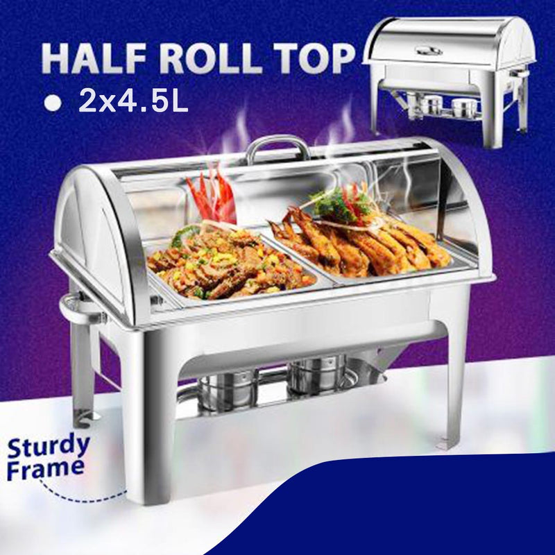 Dual Tray 4.5L Stainless Steel Roll Top Chafing Dish Food Warmer Mirror Finish