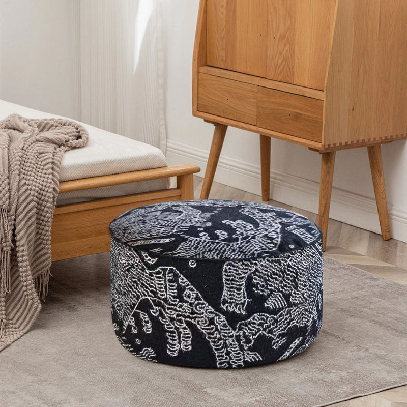 2X Black Velvet Cotton Round Pouffe 50x30CM Comfortable Elegant Footstool Seat