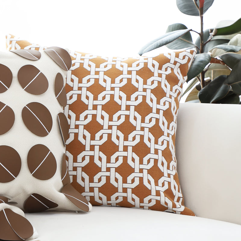 2X 45cm Brown Checkered Chain Jacquard Polyester Square Throw Pillow