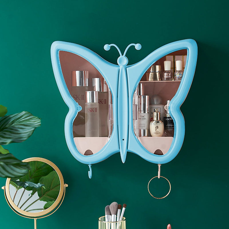 2X Butterfly Wall Mounted Makeup Organizer 42x11x36cm Plastic Blue Dustproof