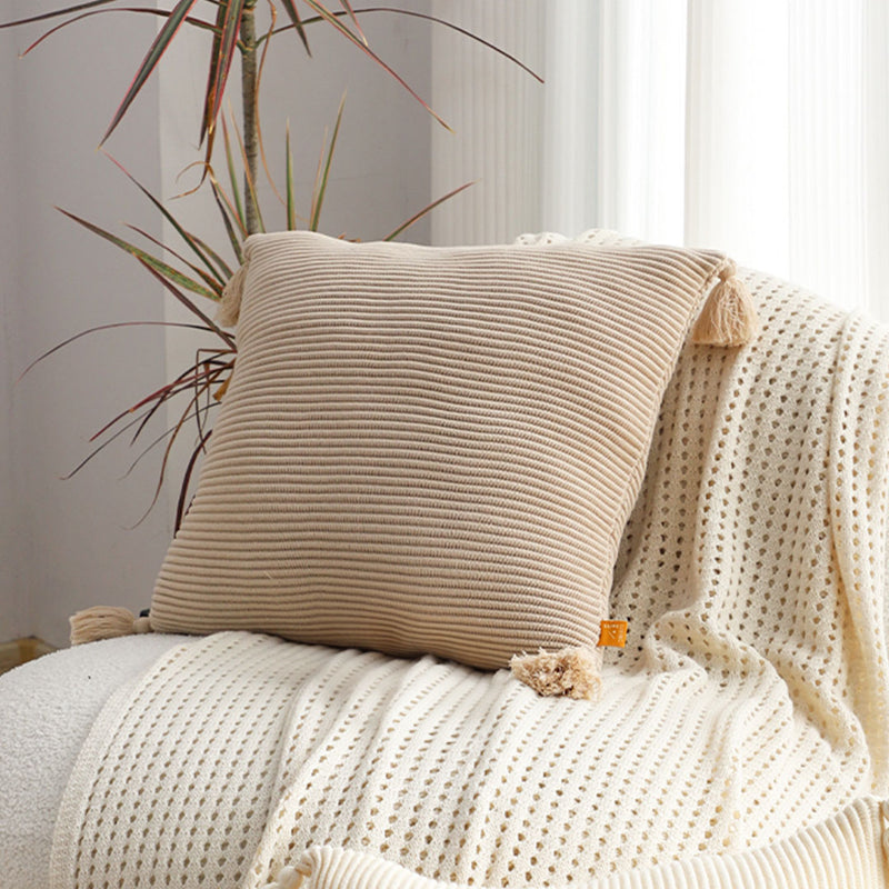 45cm Square Velvet Throw Pillow Off White Tassel Plush 15cm Thick