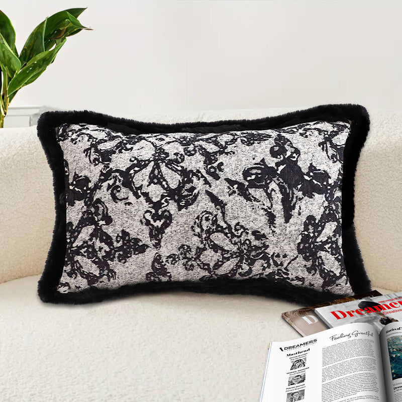 2X 35cm Velvet Lumbar Throw Pillowcase Set Black Herringbone Pattern Plush Feel