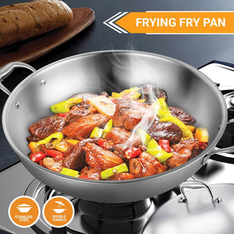 2X 42cm 18/10 Stainless Steel 3 Ply Wok Double Handle With Lid Induction