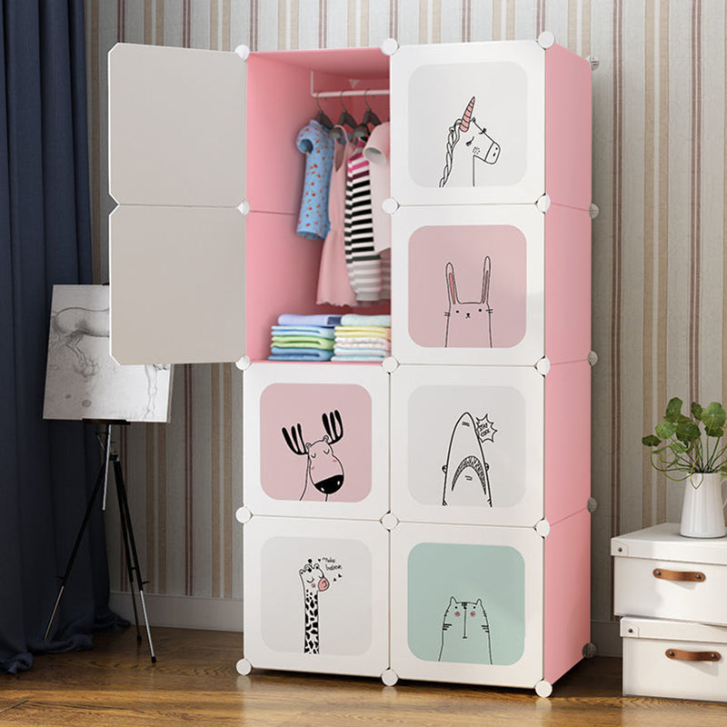 8 Cubes Pink Portable Wardrobe Polypropylene Panels Iron Wire Frame 75x37x146cm