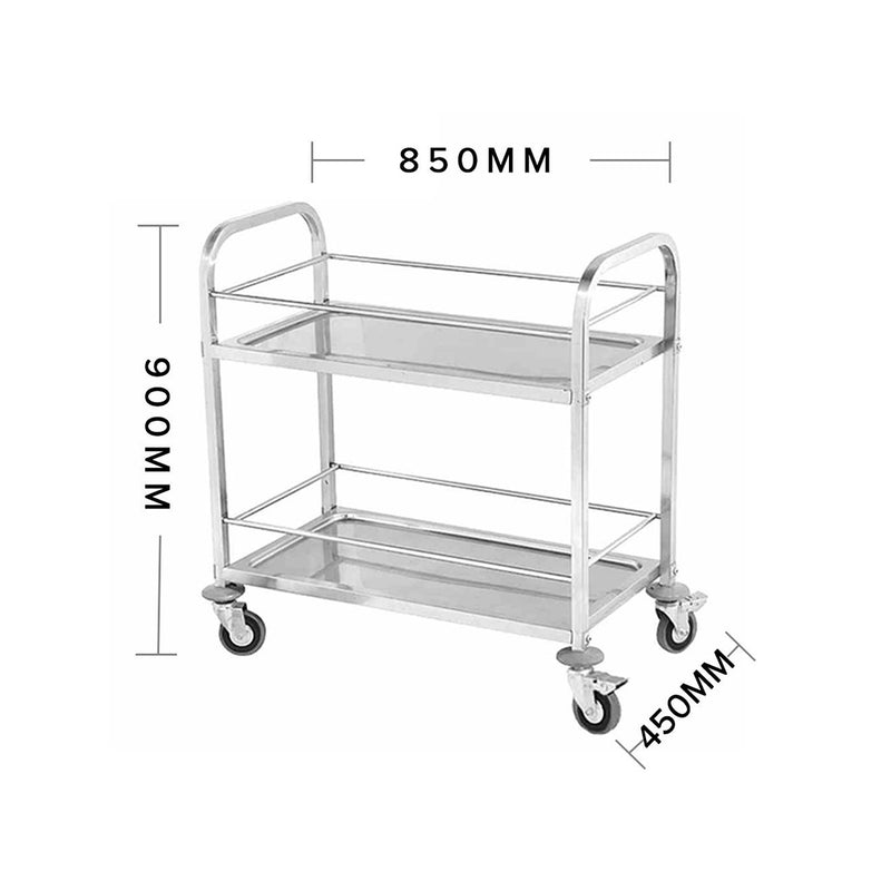 2X 2 Tier Stainless Steel Utility Service Cart 85x45x90cm Locking Wheels