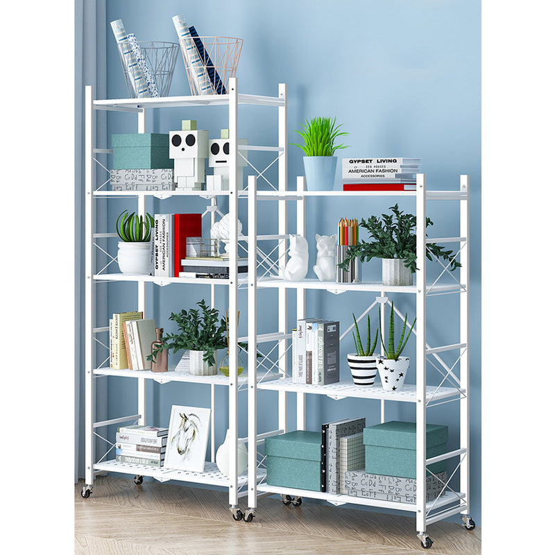 2X White 4 Tier Foldable Steel Shelves With Wheels Multi-Functional Storage Rack