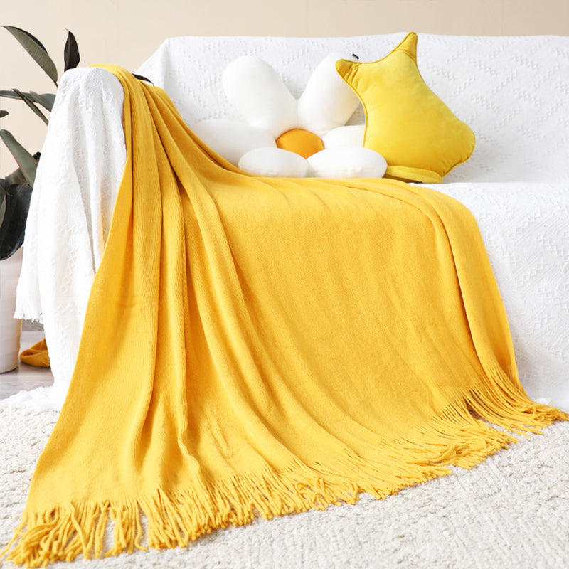 Yellow Acrylic Knitted Throw Blanket 130cmx220cm Fringed Cozy Decor