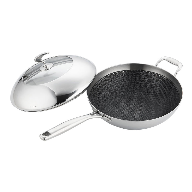 Stainless Steel Fry Pan 32cm Non Stick Skillet Helper Handle Lid Induction Safe