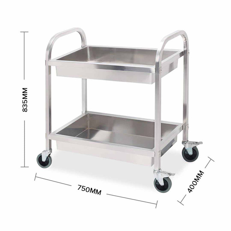 2 Tier Stainless Steel Kitchen Trolley Service Cart 75x40x83cm Easy Clean