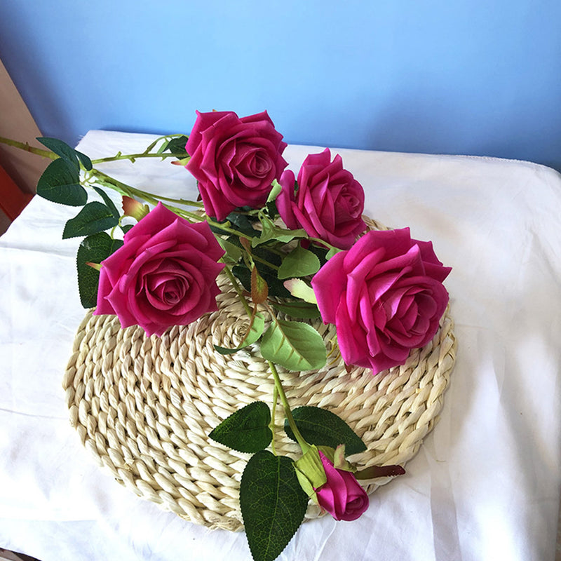 Blue Glass Cylinder Vase with 8 Bunch Fake Silk Rose Flowers for Home Decor