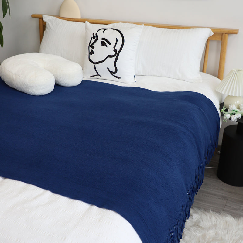 2X Acrylic Knitted Throw Blanket 130cmx220cm Fringed Cozy Royal Blue