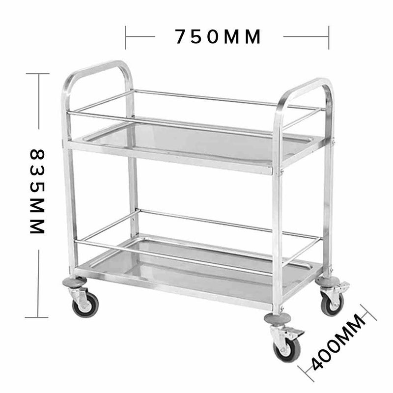 2 Tier Stainless Steel Utility Cart 75x40x84cm Small Locking Wheels