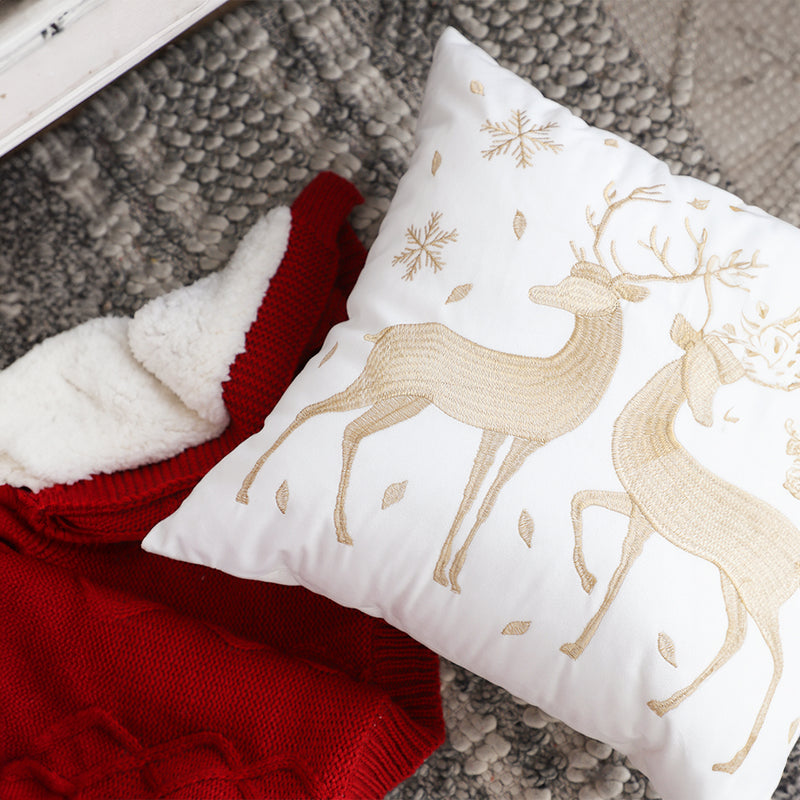 2X 45cm White Plush Throw Pillow Golden Reindeer Cozy Winter Christmas Decor
