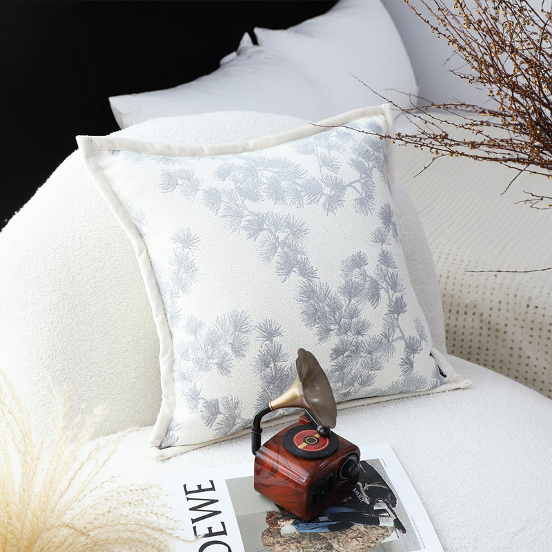 Cream White Throw Pillow 45cm Wide Border Branch Pine Needle Pattern Decor