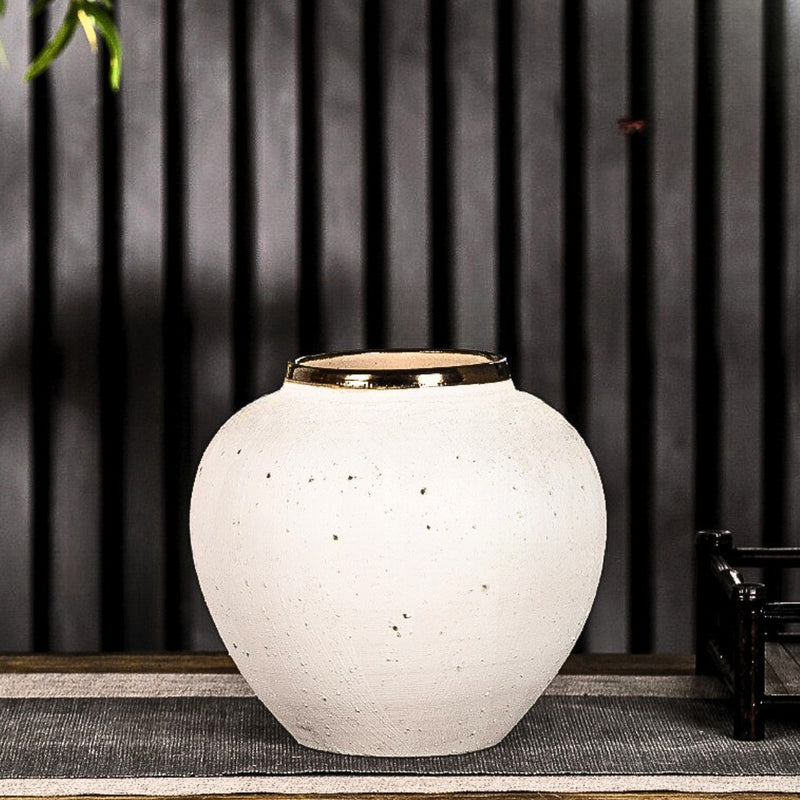 Small White Ceramic Flower Vase 21x22cm Gold Accent Elegant Home Decor