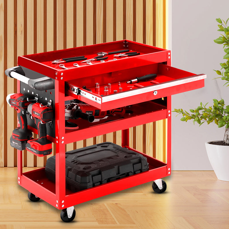 2X 3 Tier Heavy Duty Tool Storage Cart With Drawer Hooks Portable Red Steel