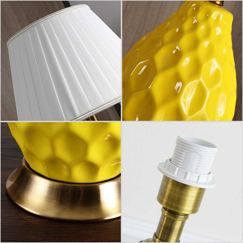 2X Textured Ceramic Oval Table Lamp Gold Metal Base Yellow 55cm Drum Shade
