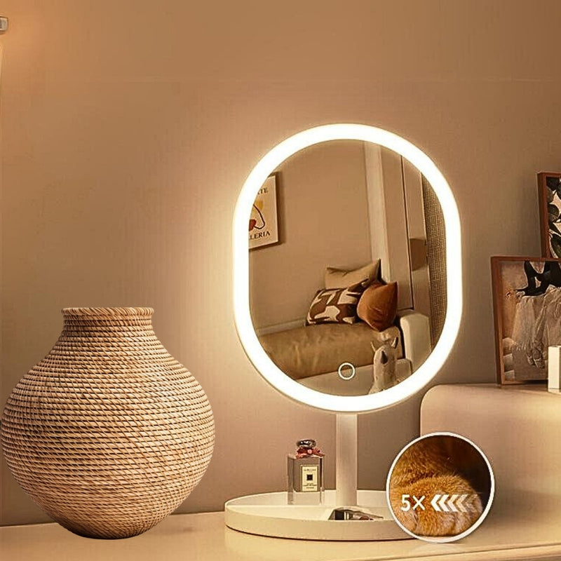 26cm White Oval Led Makeup Vanity Mirror Tricolor Adjustable Usb Powered