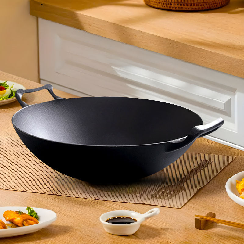2X Cast Iron Wok Fry Pan 31cm Double Handle Non Stick Black