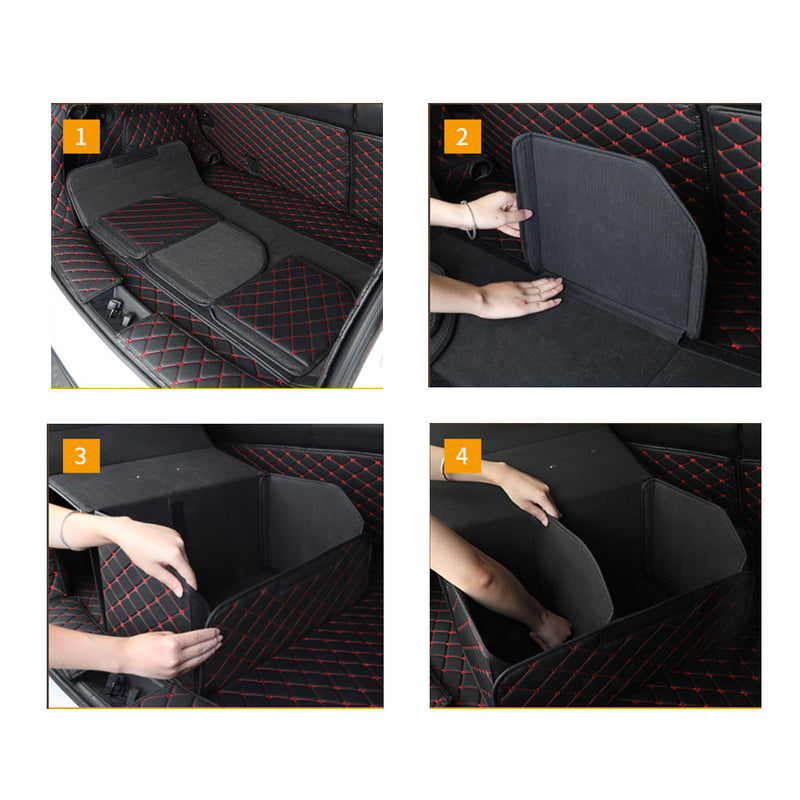 2X Leather Car Boot Organizer Collapsible Portable 55x30x30cm Black Red Stitch